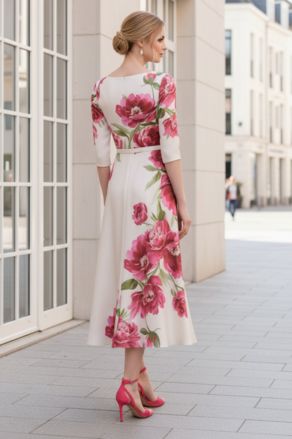Bateau Neck Satin Midi Dress with Asymmetric Hem