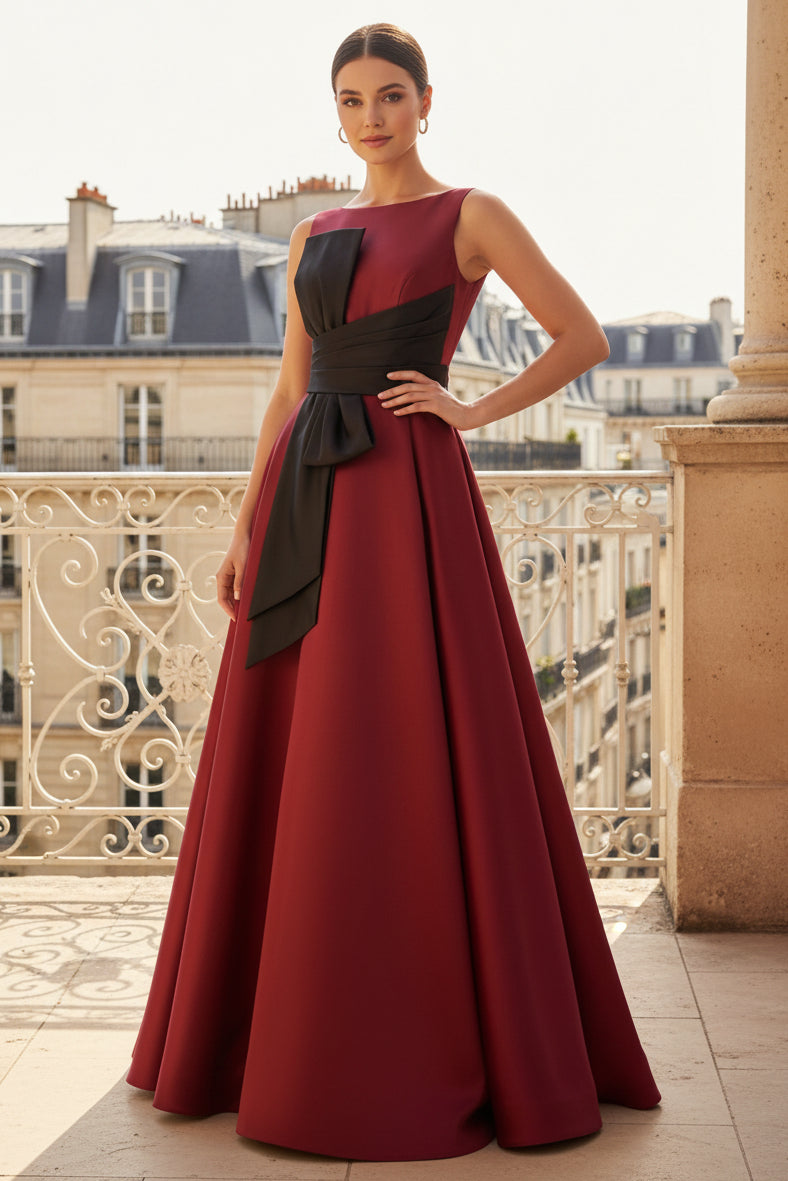 Satin Bateau Neck A-Line Gown with Contrast Sash