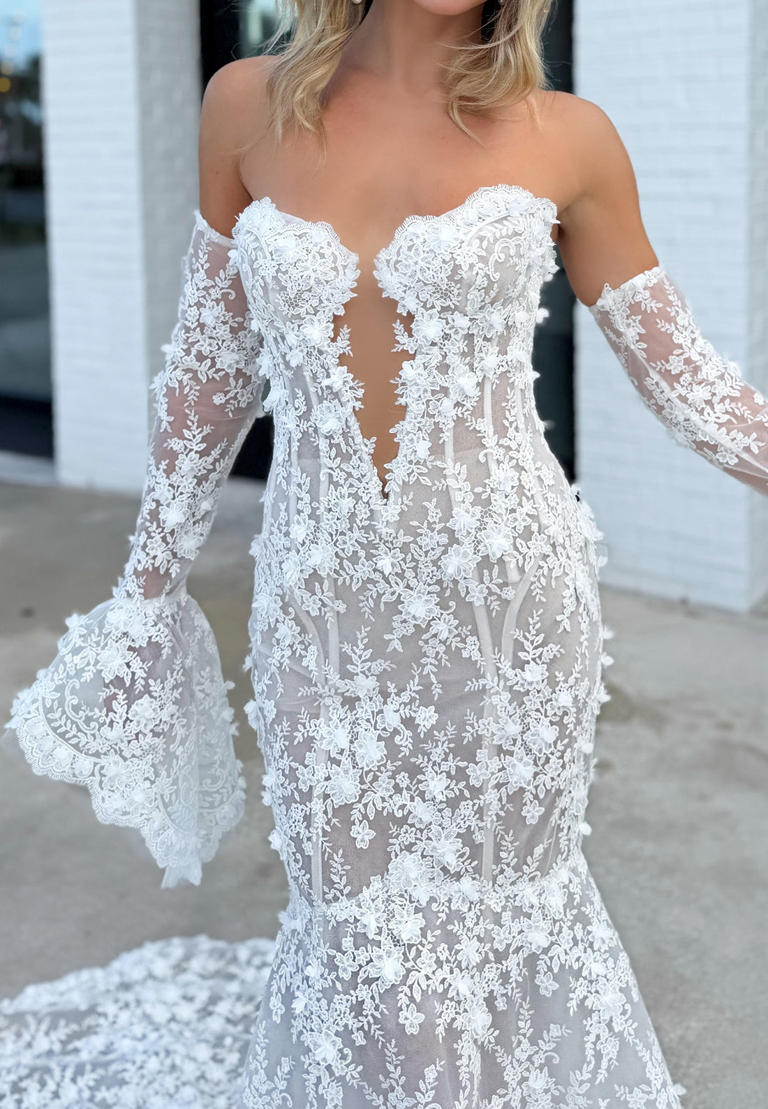 Floral Lace Plunge Mermaid Wedding Dress with Sleeves