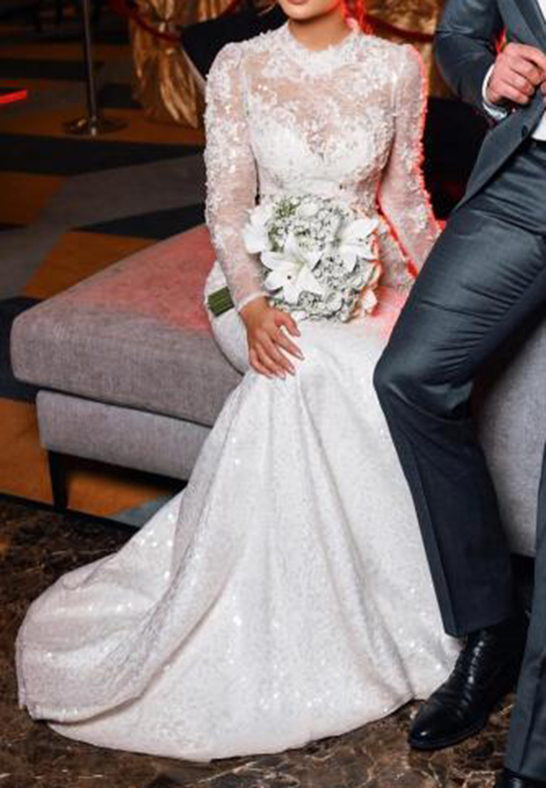 Lace High Neck Wedding Dress with Overskirt
