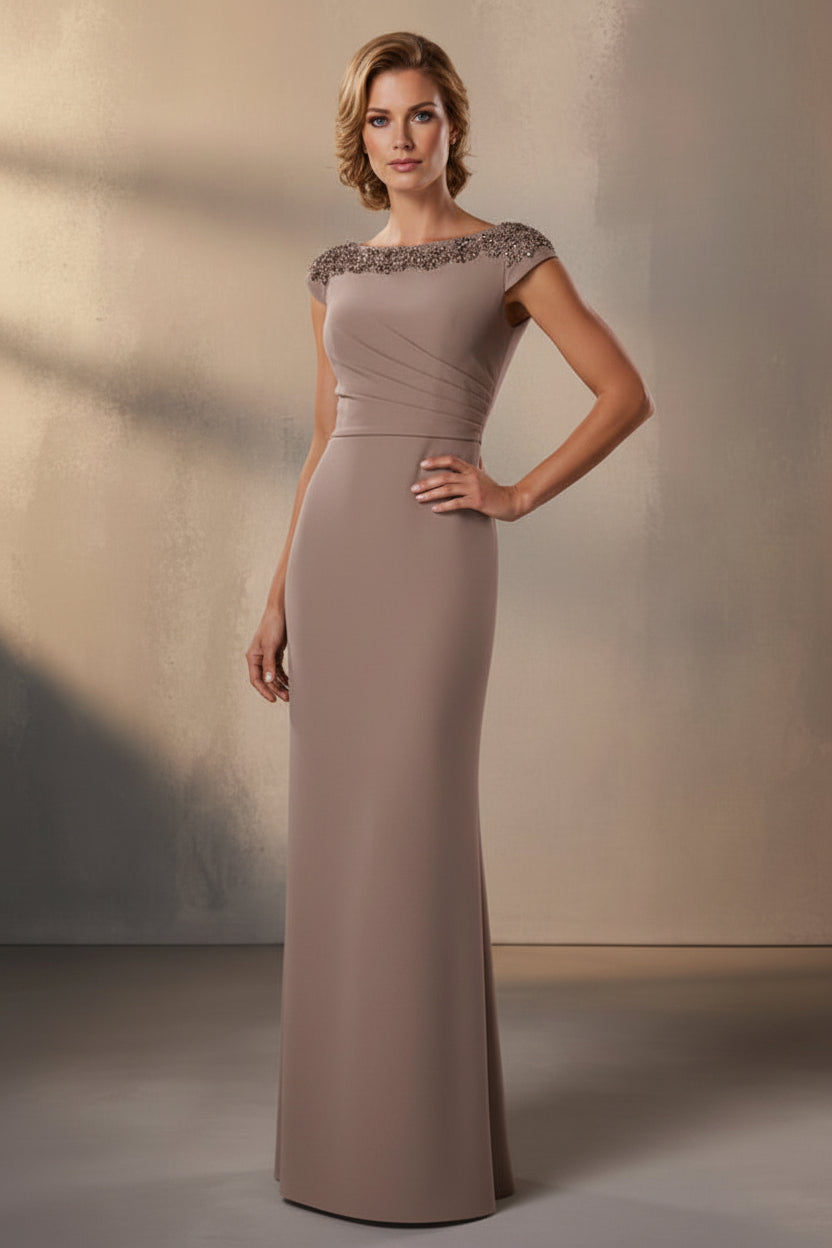 Beaded Bateau Column Evening Gown