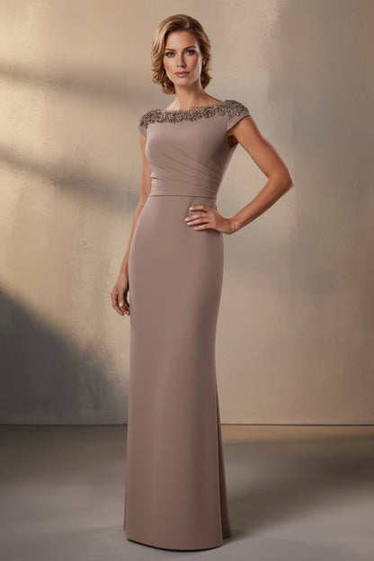 Beaded Bateau Column Evening Gown
