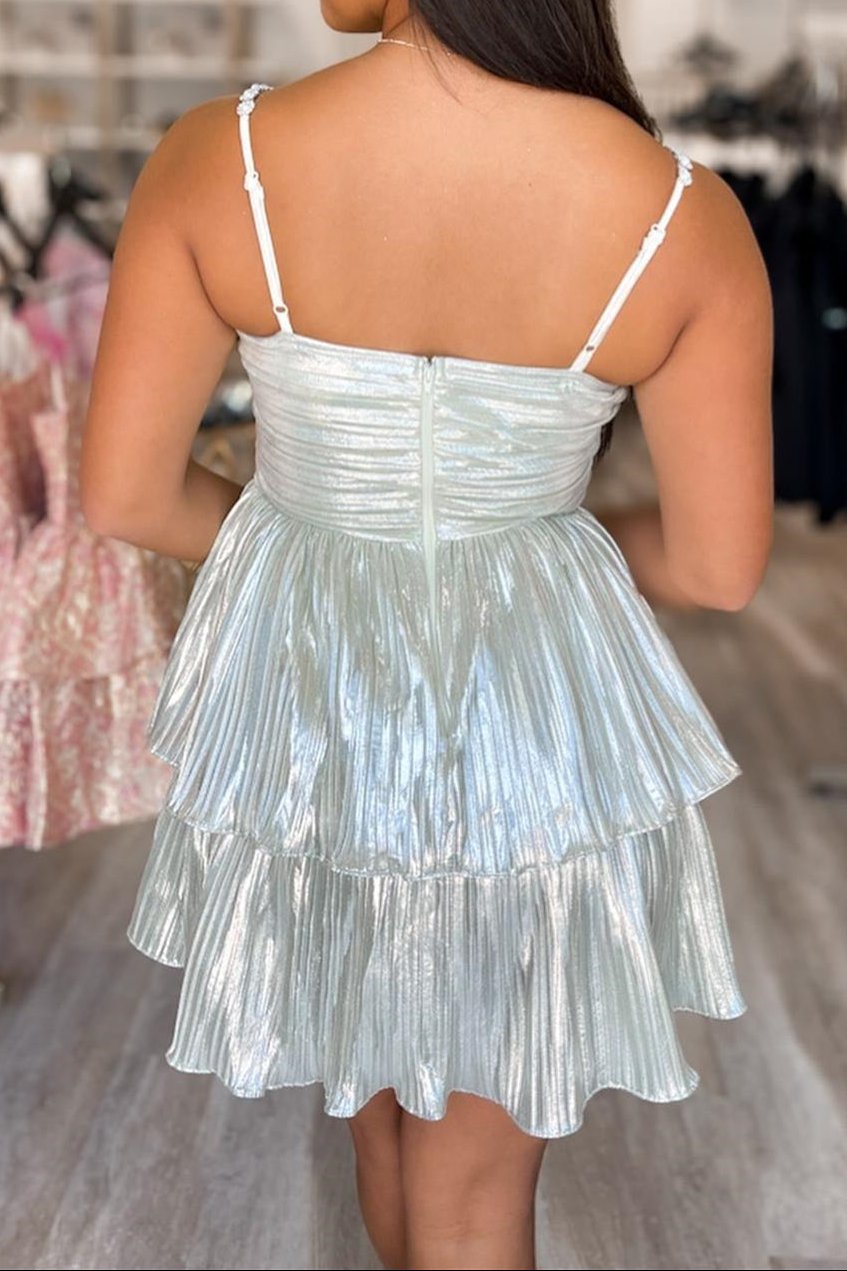 Metallic Tiered Pleated Mini Dress