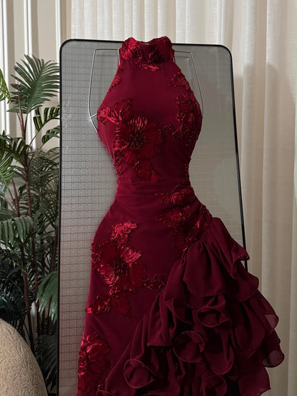 Halter Floral Applique Ruffled High-Slit Gown