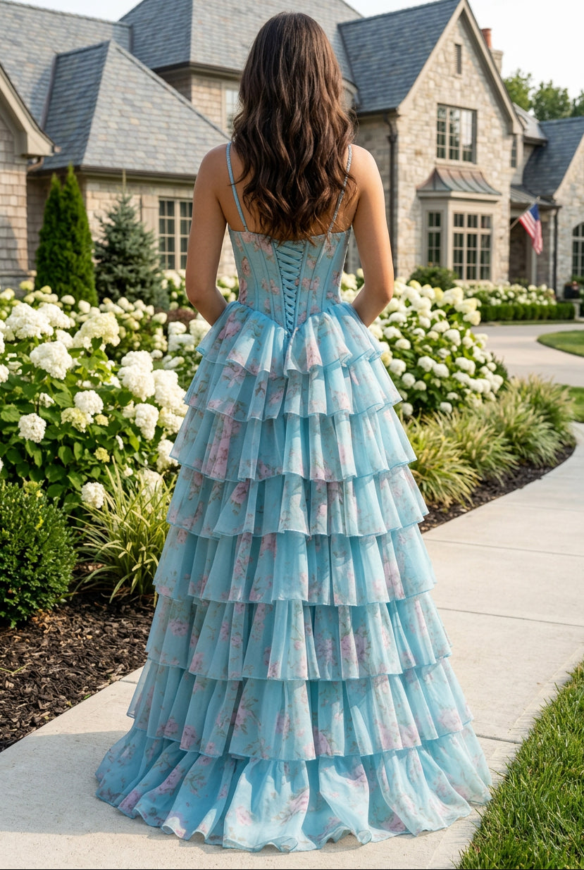Tiered Ruffle Corset Gown with Floral Print