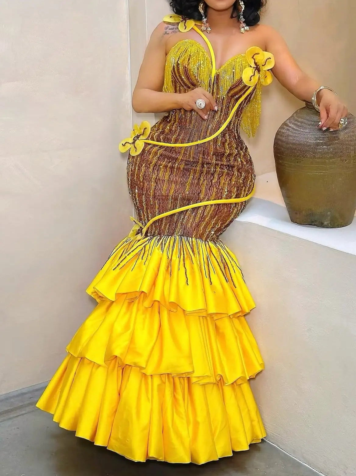 Beaded Mermaid Evening Gown with Tiered Ruffle Skirt