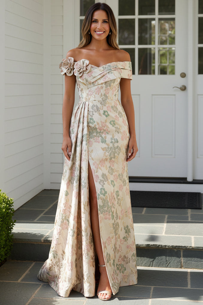 Off-The-Shoulder Floral Jacquard Evening Gown