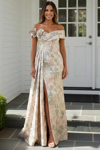 Off-The-Shoulder Floral Jacquard Evening Gown