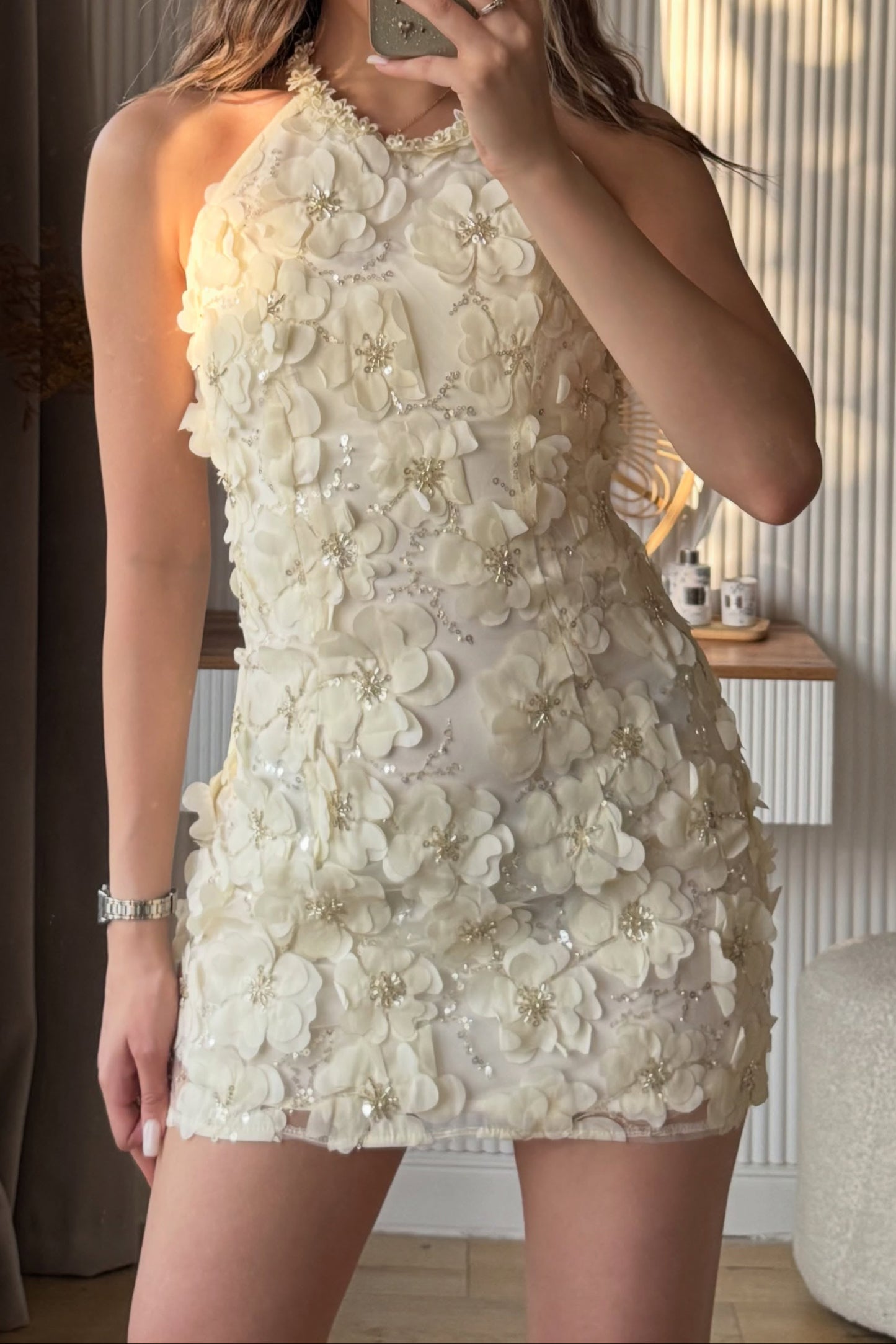 3D Floral Applique Halter Mini Dress