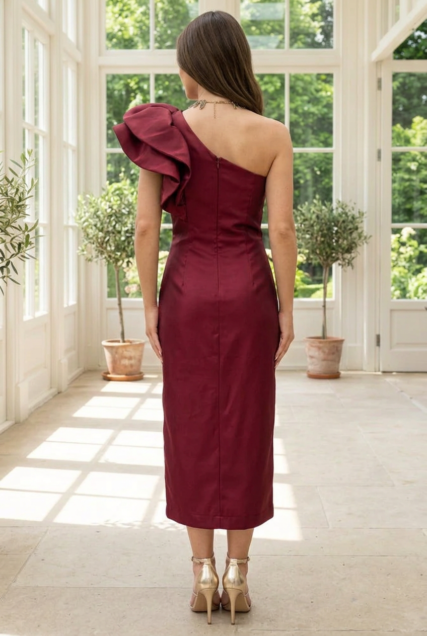 One-Shoulder Ruffle Midi Dress with Slit