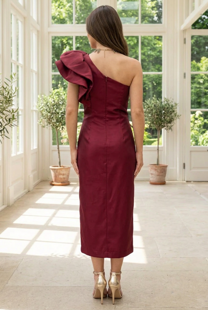 One-Shoulder Ruffle Midi Dress with Slit