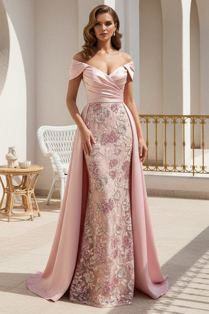 Off-the-Shoulder Floral Sequin Gown with Overskirt