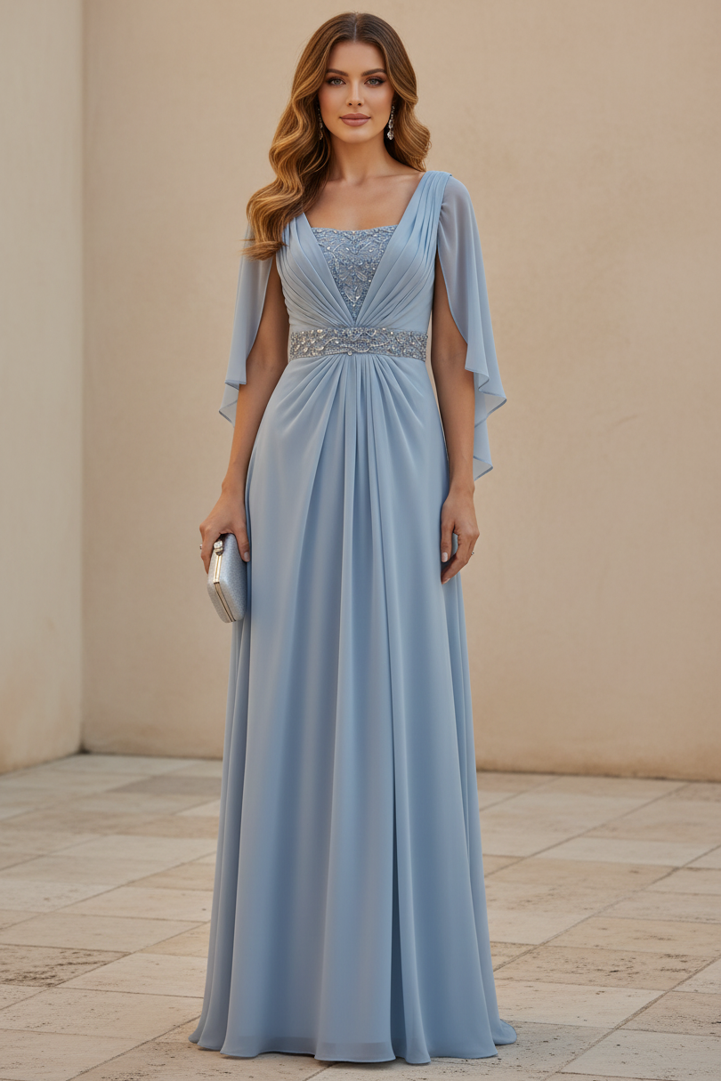 Pleated Chiffon Cape Sleeve Evening Dress