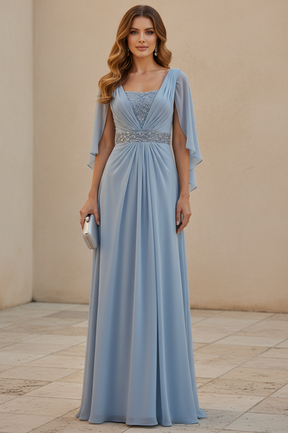 Pleated Chiffon Cape Sleeve Evening Dress