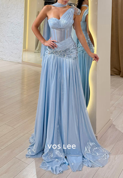 One-Shoulder Corset Gown with Beaded Waist & Slit