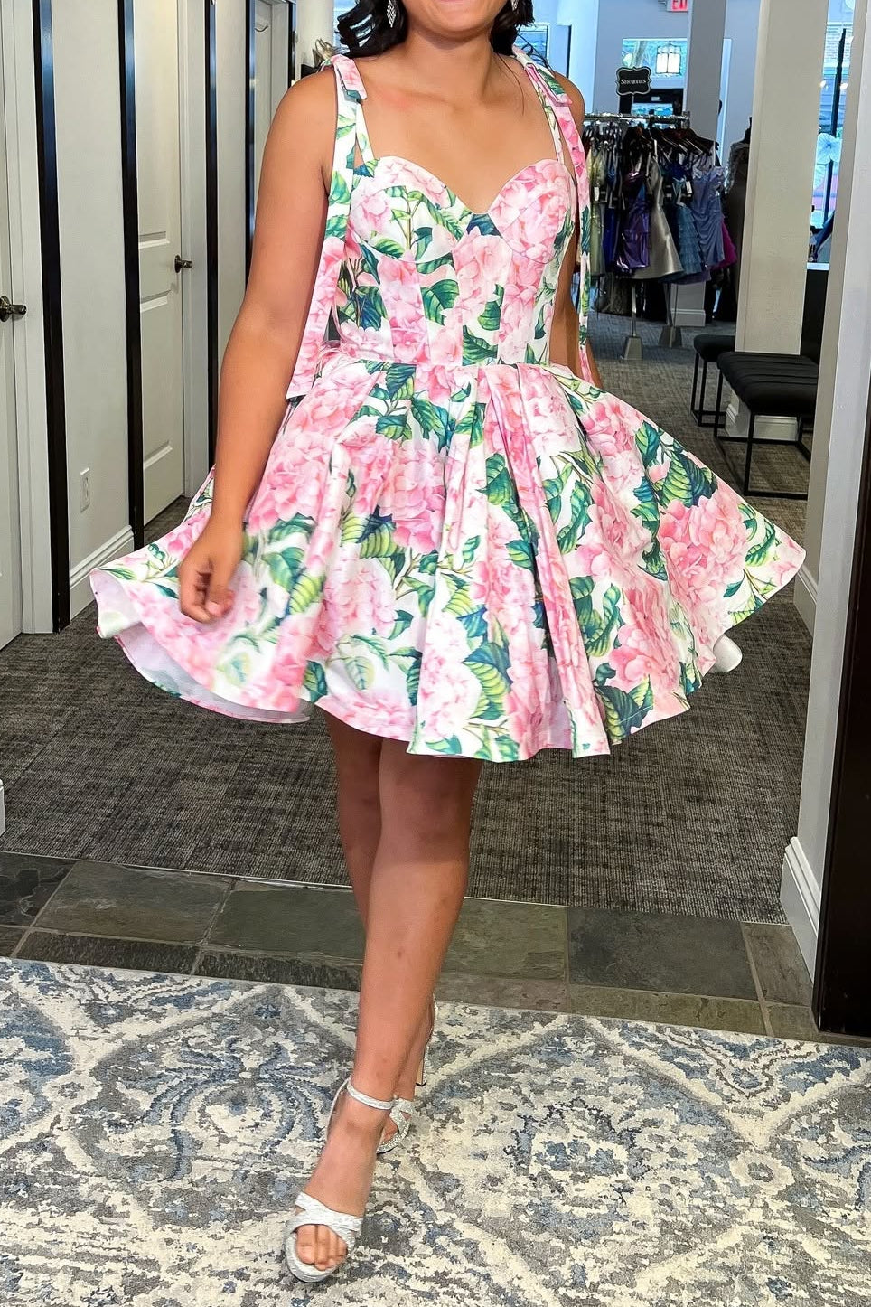 Floral Sweetheart Corset Mini Dress with Tie Straps