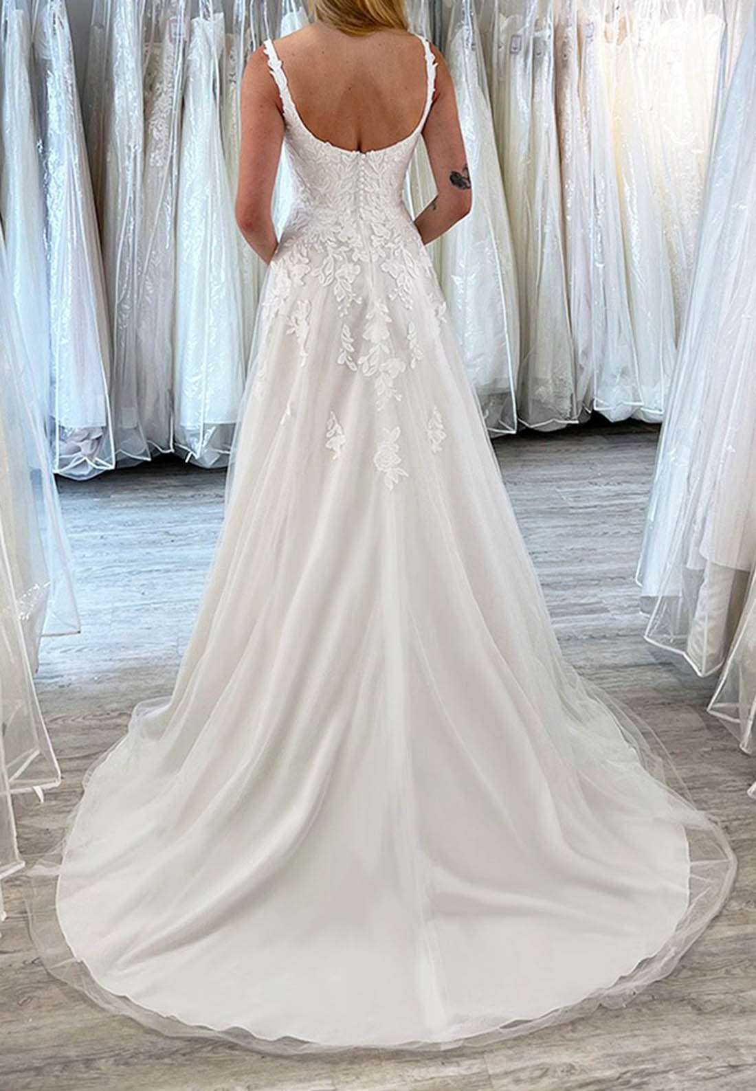 A-Line Lace and Tulle Wedding Dress with Pockets