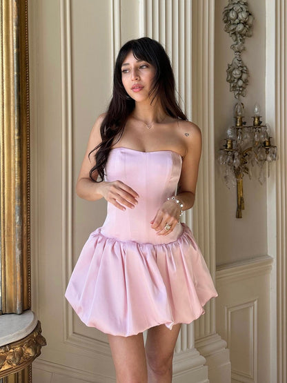 Strapless Satin Corset Bubble Hem Mini Dress