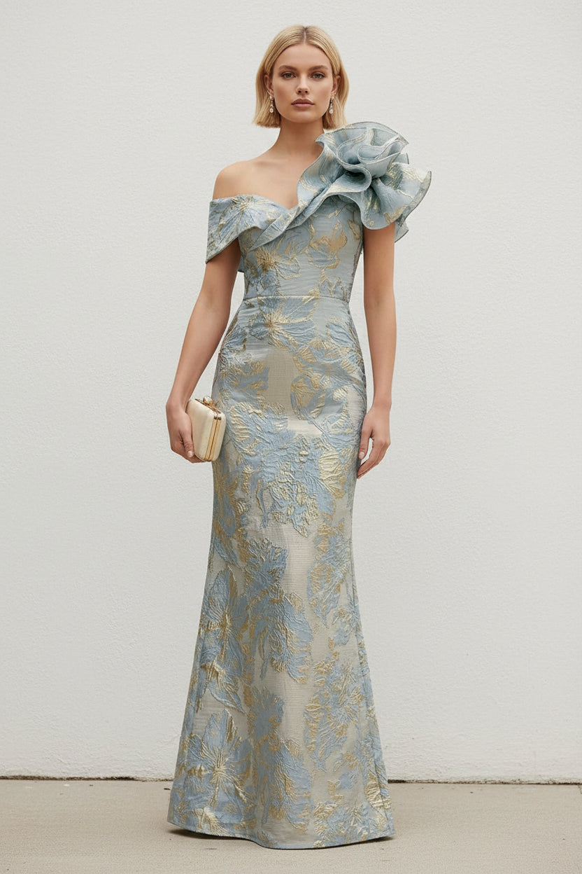 One-Shoulder Metallic Jacquard Column Evening Gown