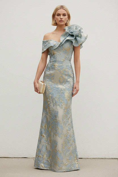 One-Shoulder Metallic Jacquard Column Evening Gown