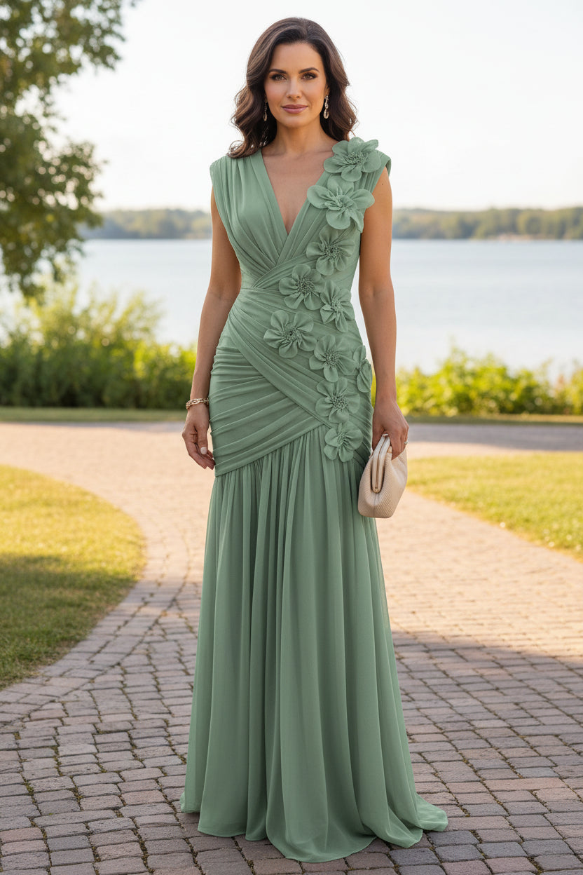Ruched Floral Appliqué Floor-Length Evening Gown