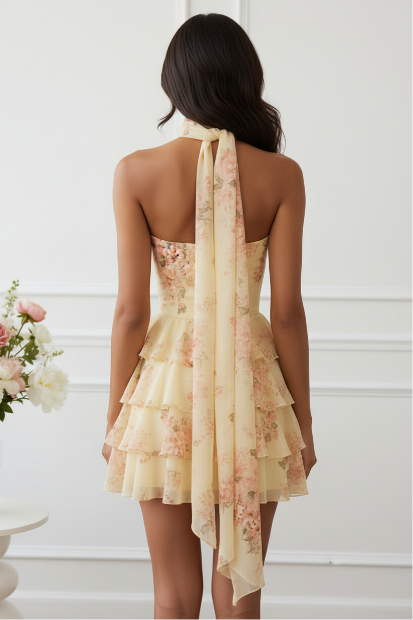 Floral Print Tiered Ruffle Mini Dress with Scarf