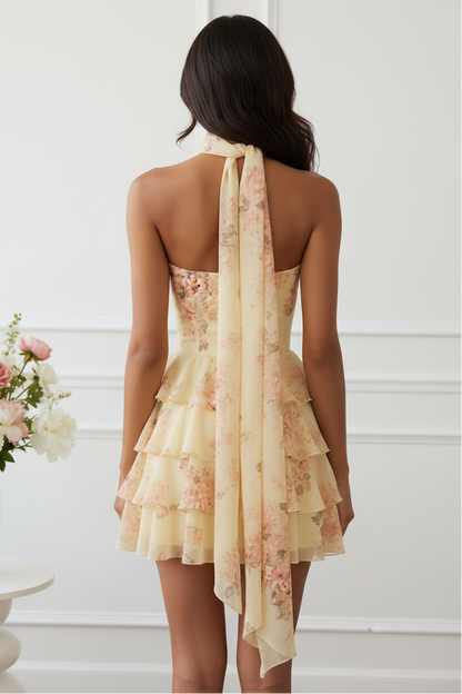 Floral Print Tiered Ruffle Mini Dress with Scarf