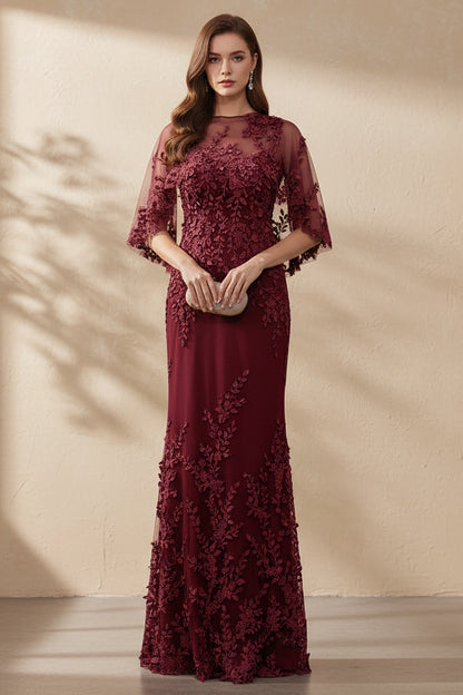 Embroidered Lace Column Evening Dress with Cape