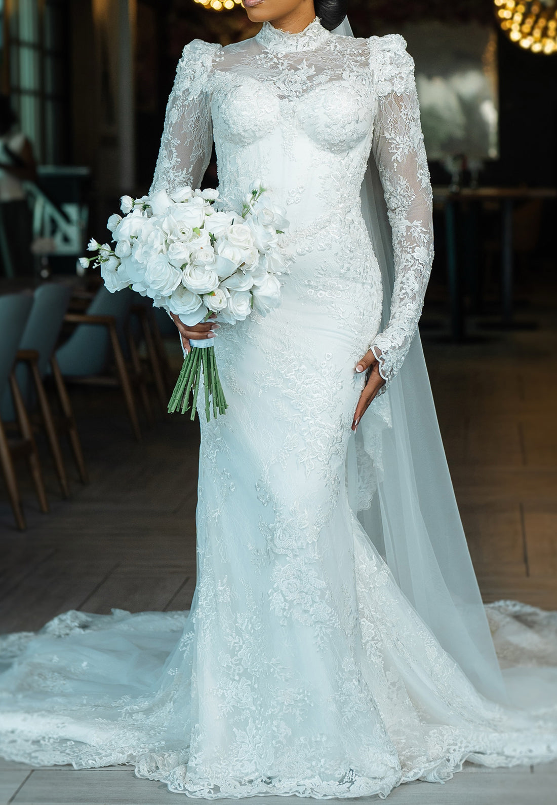 High-Neck Lace Mermaid Wedding Dress with Long Sleeves