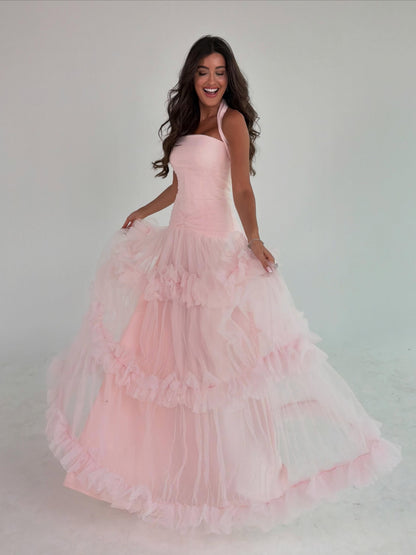 Ruched Halter Tiered Ruffle Tulle Gown