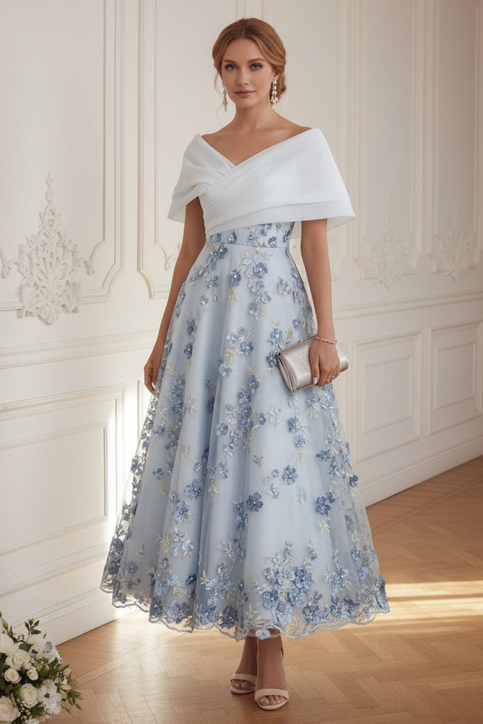 Off-the-Shoulder 3D Floral Tea-Length Dress