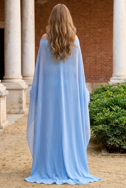 Off-the-Shoulder Feather Trim Cape Evening Gown