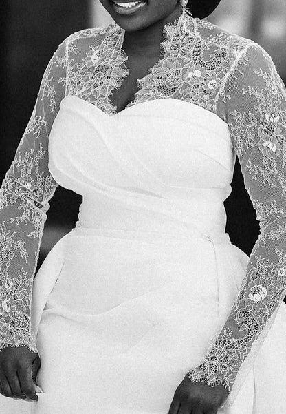 Long Sleeve Lace and Satin Wedding Dress with Overskirt