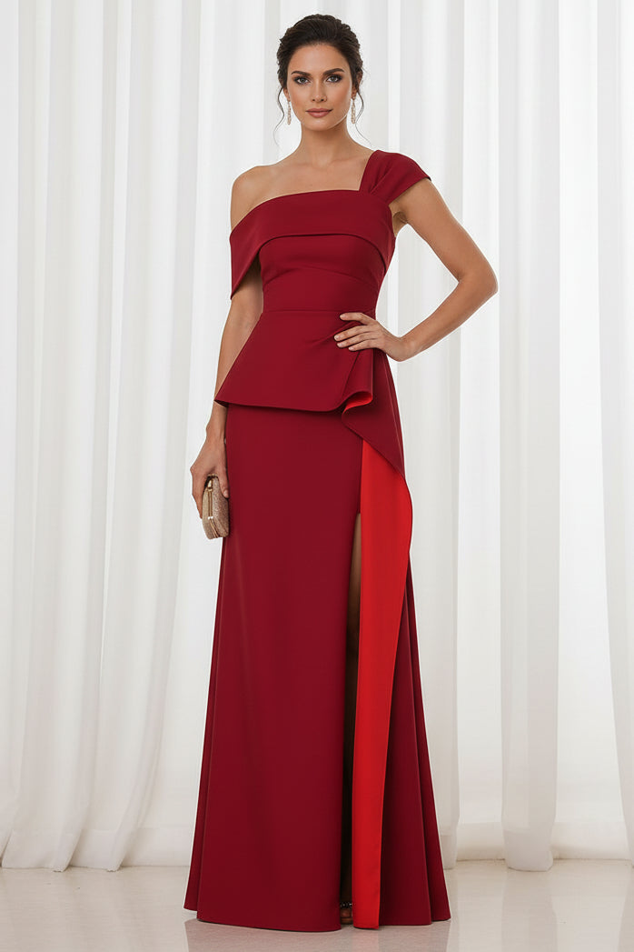 One Shoulder Peplum Gown with High Slit