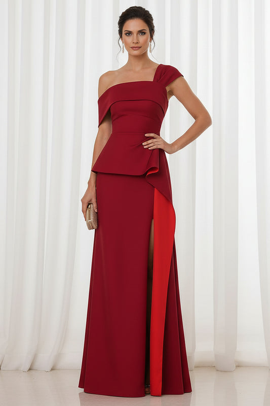 One Shoulder Peplum Gown with High Slit