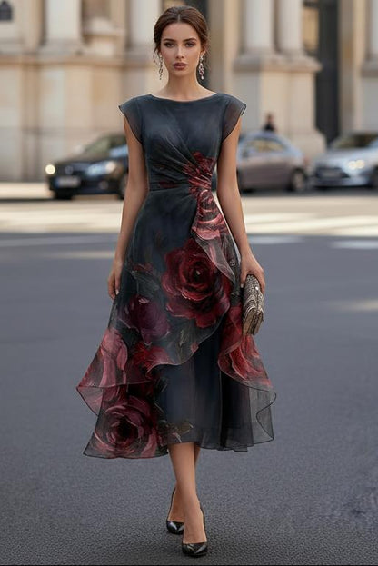 Floral Organza Midi Dress with Tiered Skirt