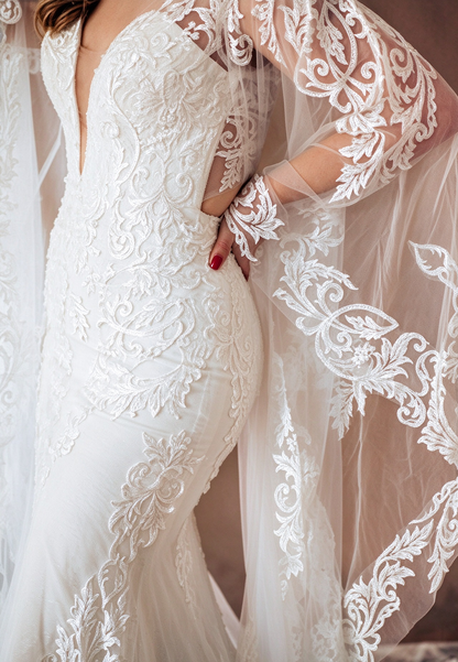 Lace Mermaid Wedding Dress with Long Cape Sleeves