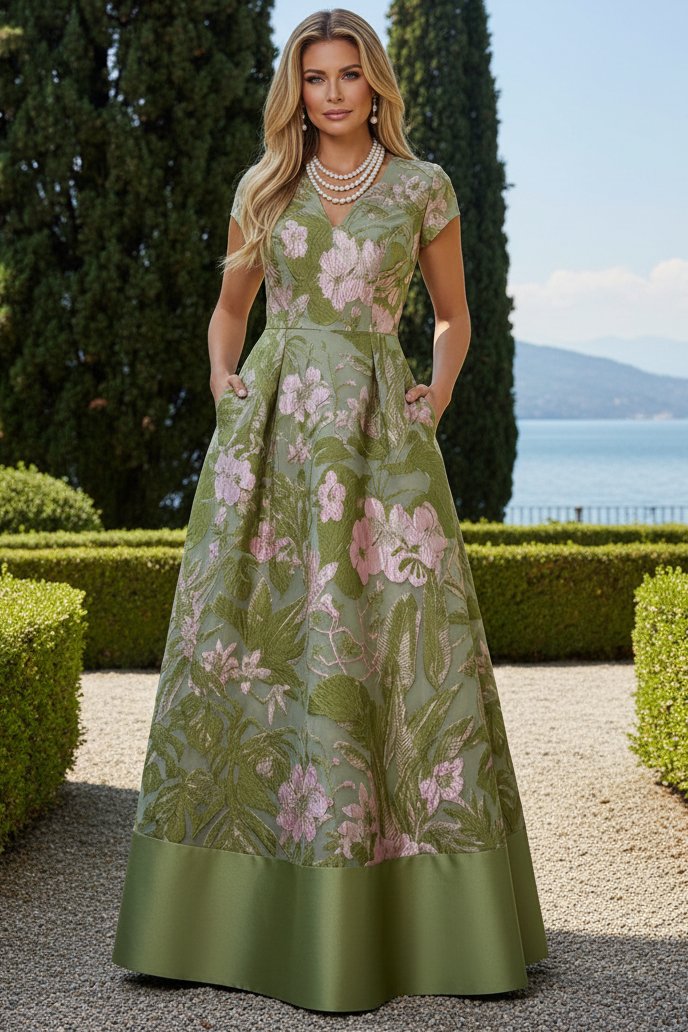 Floral Jacquard A-Line Gown with Pockets