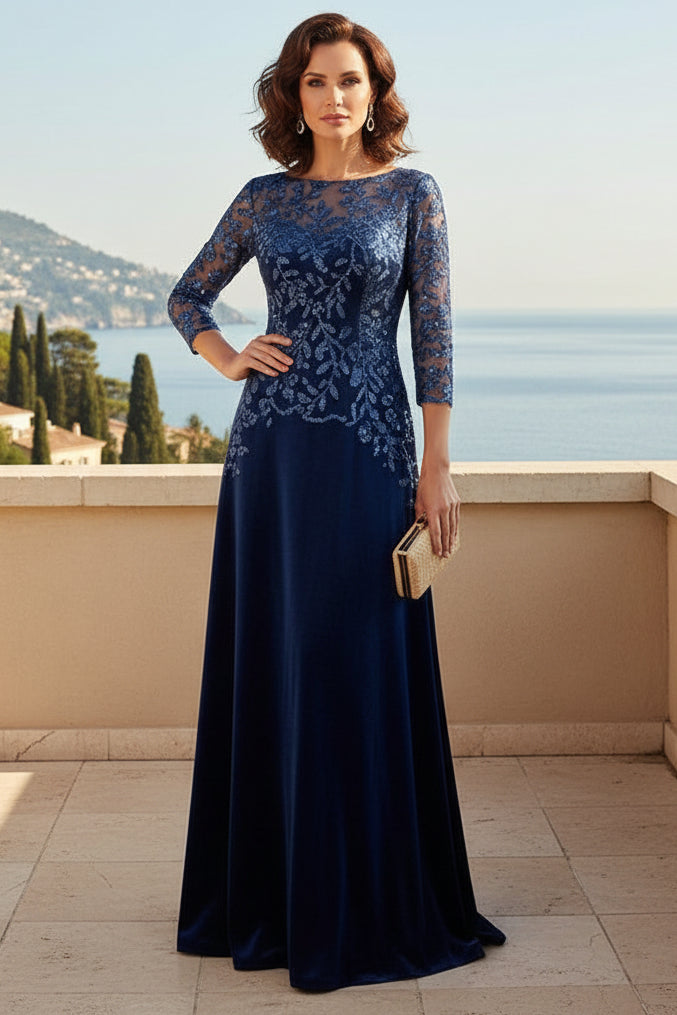 Sequin Lace Velvet Floor-Length Evening Gown