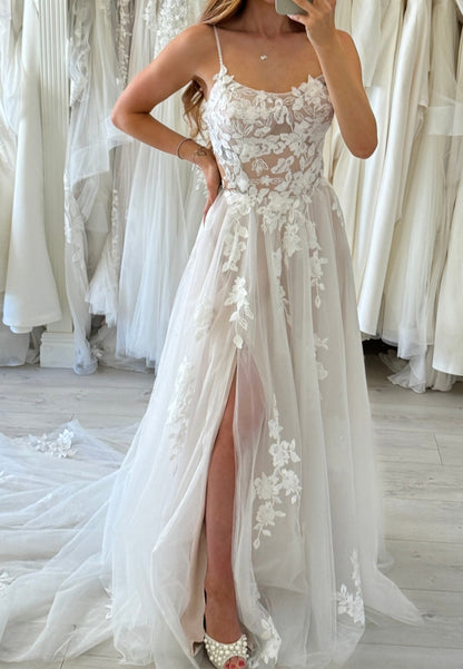 Floral Lace A-Line Wedding Dress with High Slit