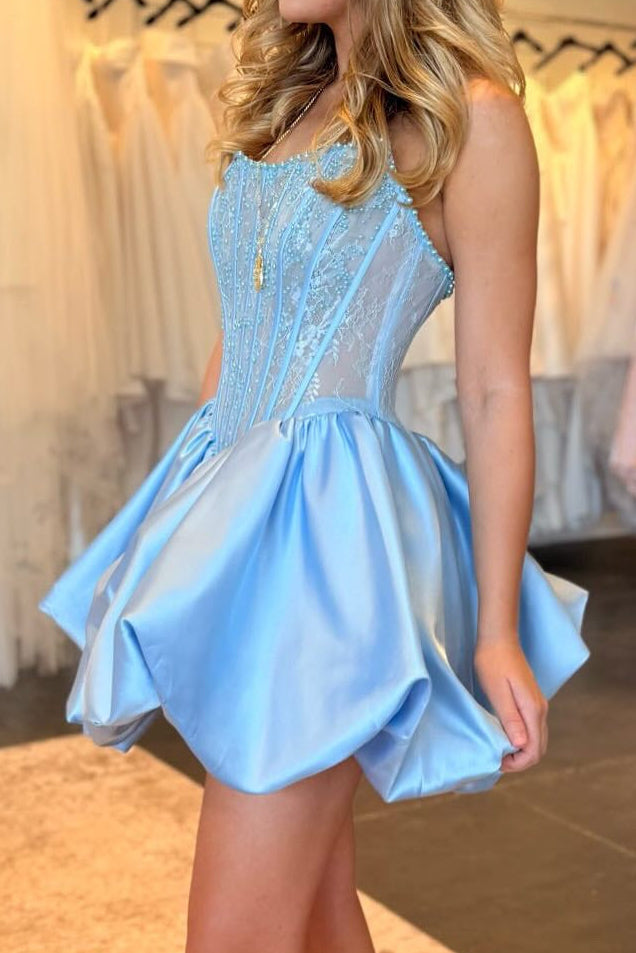 Beaded Illusion Corset Mini Dress with Satin Bubble Skirt