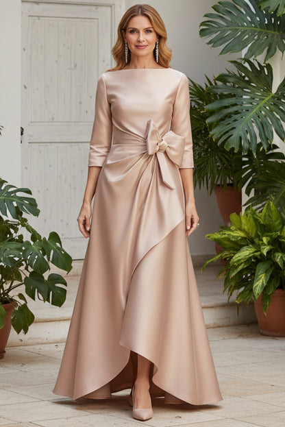 Bateau Neck 3/4 Sleeve A-Line Gown with Waist Bow