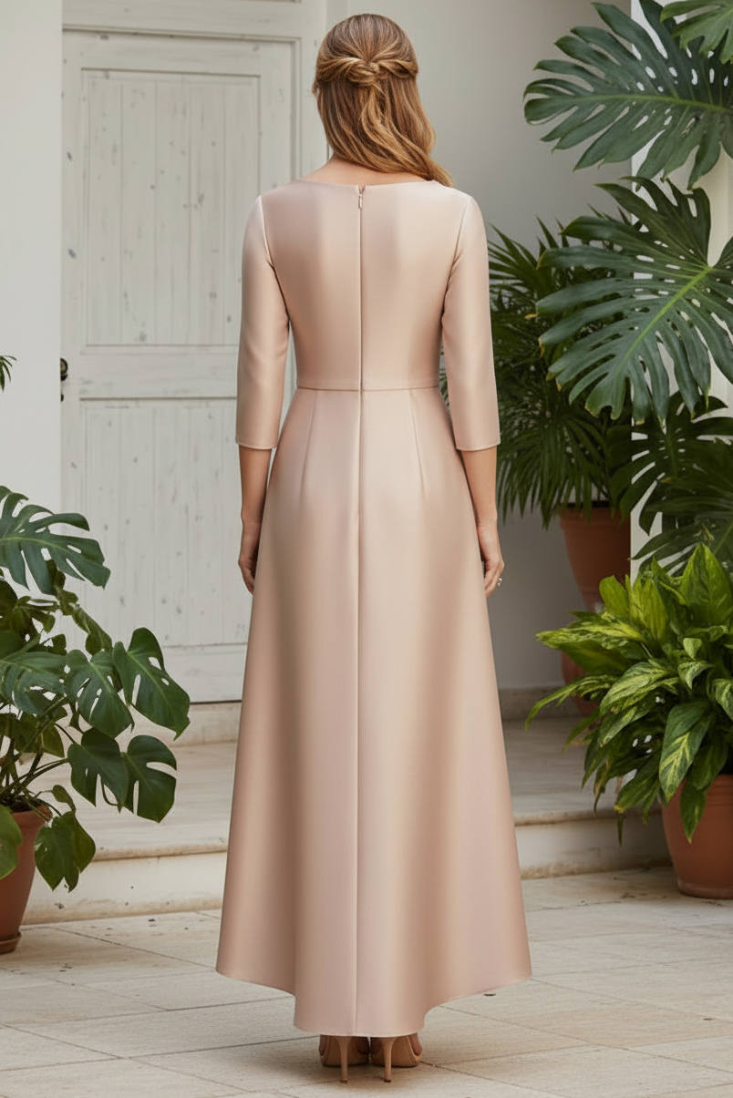 Bateau Neck 3/4 Sleeve A-Line Gown with Waist Bow