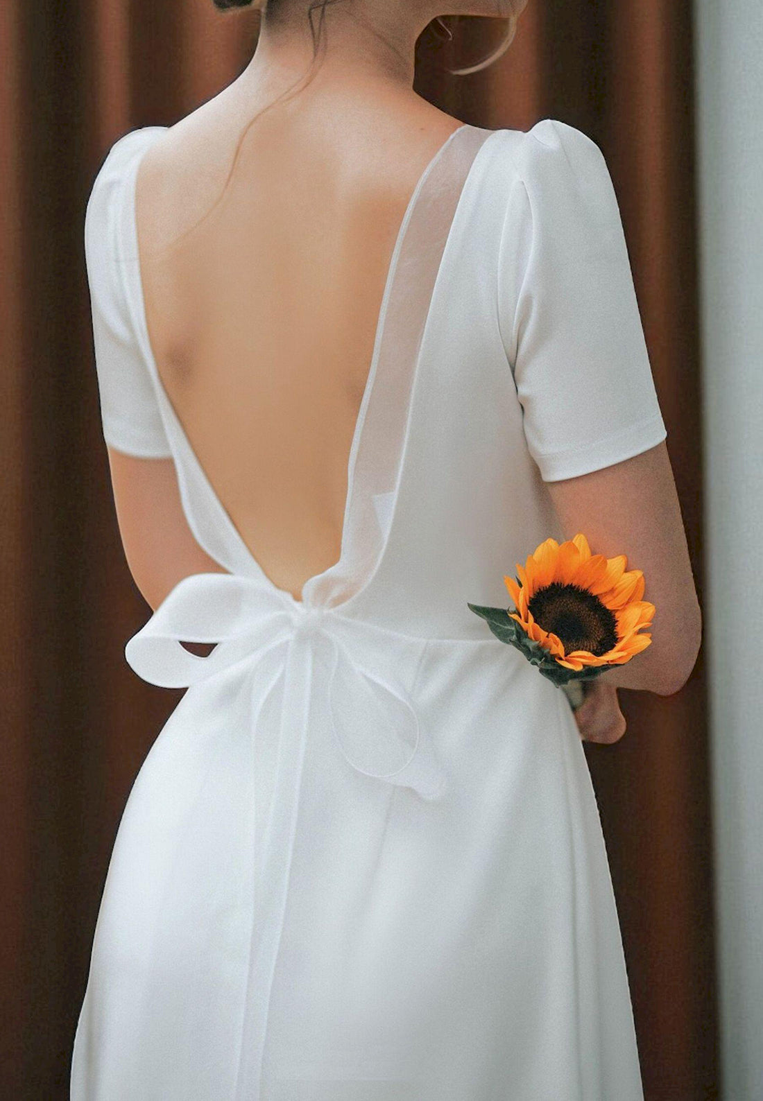 Short Sleeve Open Back Bridal Gown with Bow