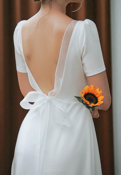 Short Sleeve Open Back Bridal Gown with Bow