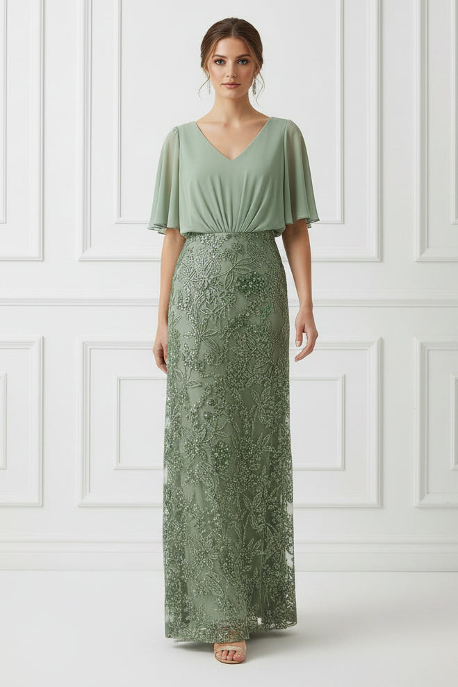 V-Neck Flutter Sleeve Embroidered Evening Dress