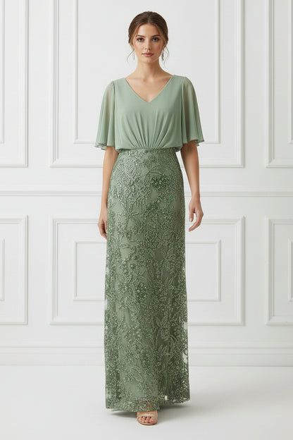 V-Neck Flutter Sleeve Embroidered Evening Dress