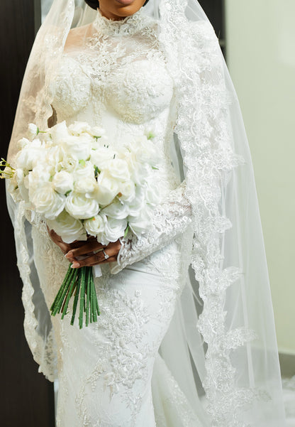 High-Neck Lace Mermaid Wedding Dress with Long Sleeves