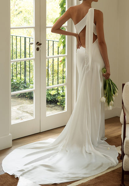 One-Shoulder Column Wedding Dress with High Slit