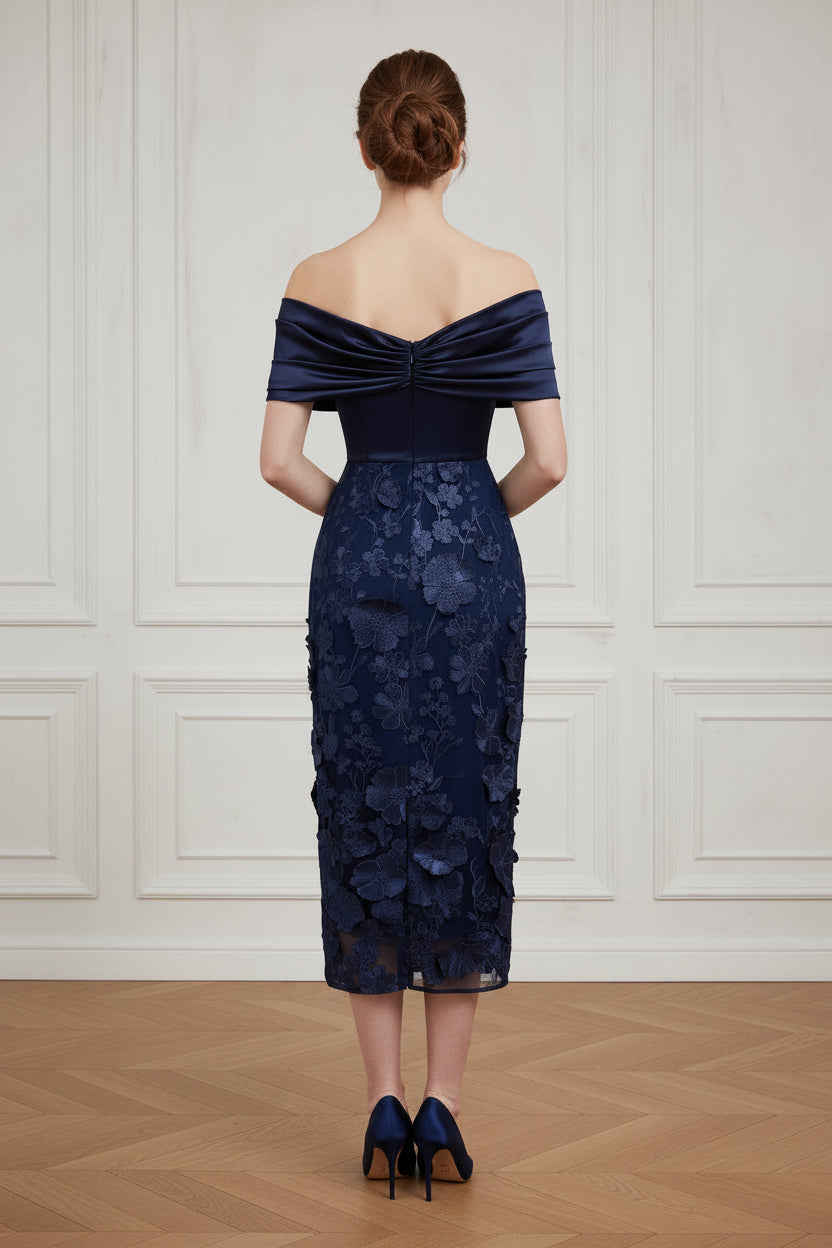 Off-Shoulder Floral Applique Midi Dress